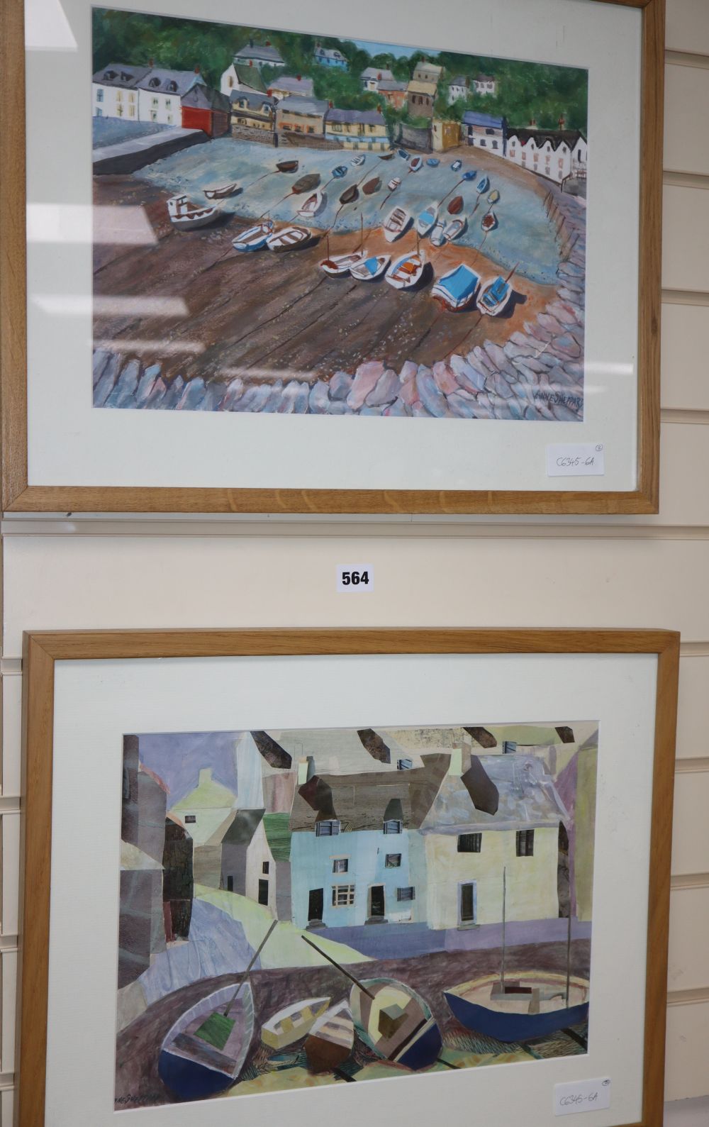 Anne Sheppard, watercolour and a collage, Cornish fishing village scenes, signed, 28 x 39cm